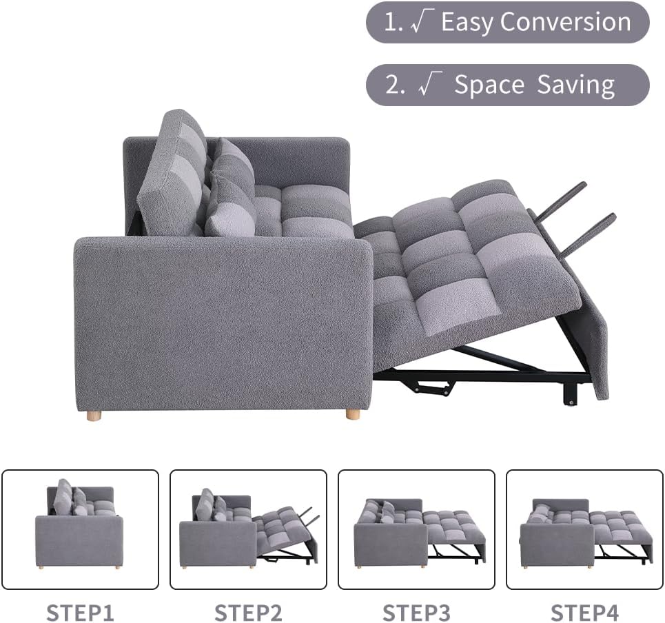 Loveseat Sleeper Sofa- 3 in 1 Convertible Sofa Bed,Pull Out Couch with Adjustable Backrest,Multi-Functional Lounge Chair with Teddy Fabric for Living Room,Small Space (Grey)