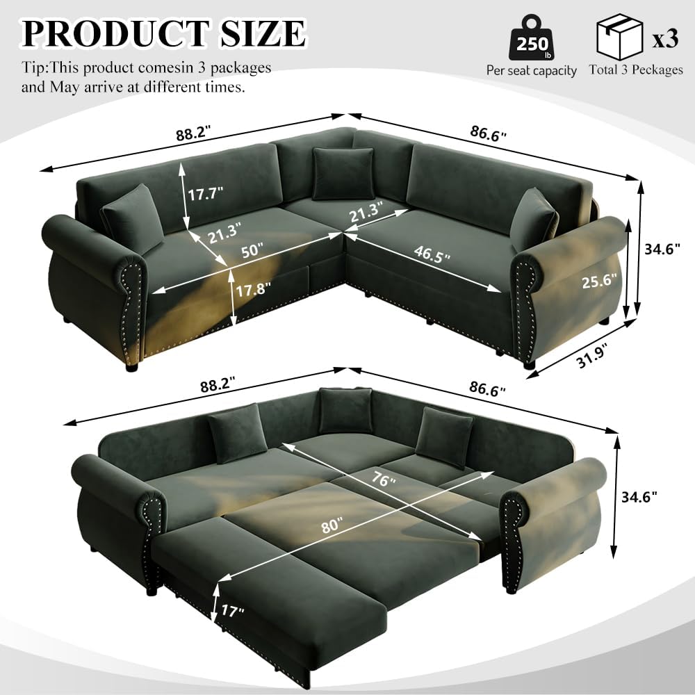 88.2' Pull Out Couch Bed King, L Shaped Convertible Sleeper Sofa, 4-Seater Couches with Rivet Armrests, 3 Pillows, Chenille Upholstery, Futon Sofa Bed for Living Room, Apartment, Office, Green