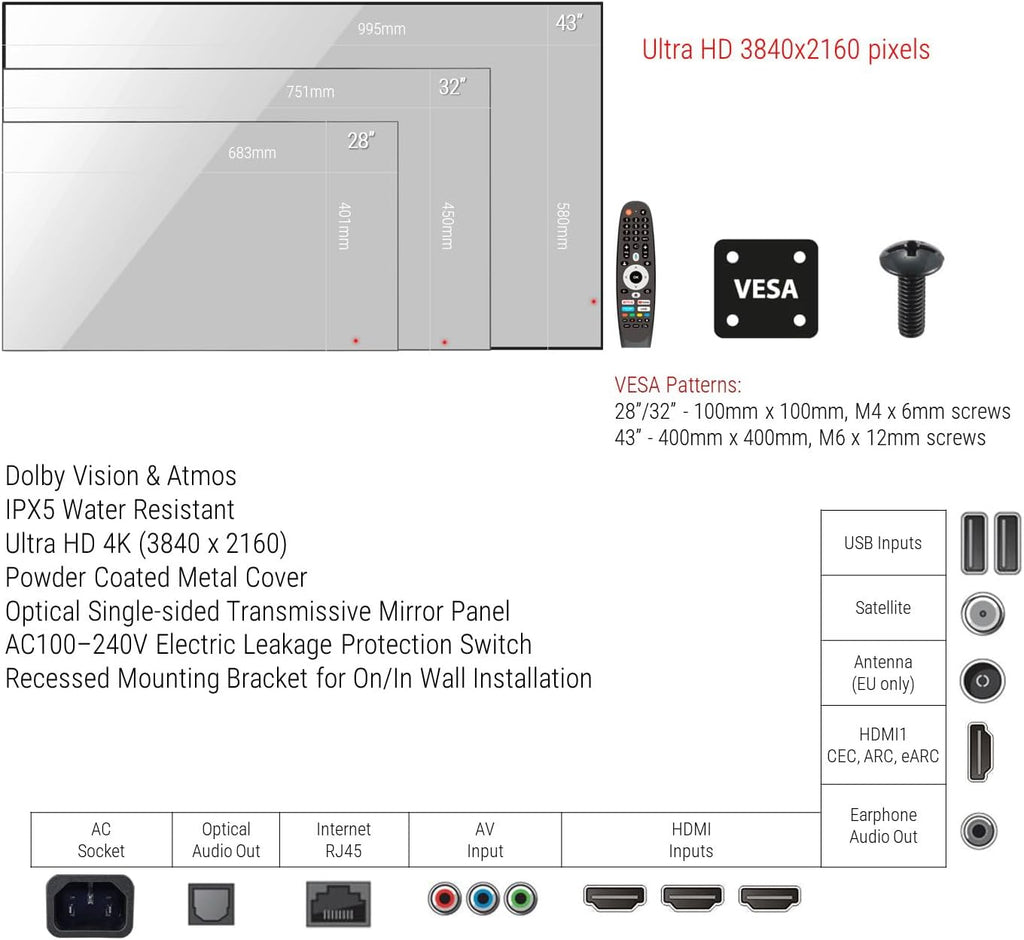 28 inches Smart Mirror for Bathroom, 4K UHD, IPX6 Waterproof, ATSC DTV Television, Voice Control with Wi-Fi & Bluetooth, 2026 Model