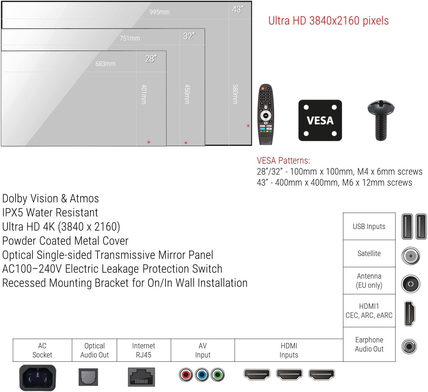 28 inches Smart Mirror for Bathroom, 4K UHD, IPX6 Waterproof, ATSC DTV Television, Voice Control with Wi-Fi & Bluetooth, 2026 Model