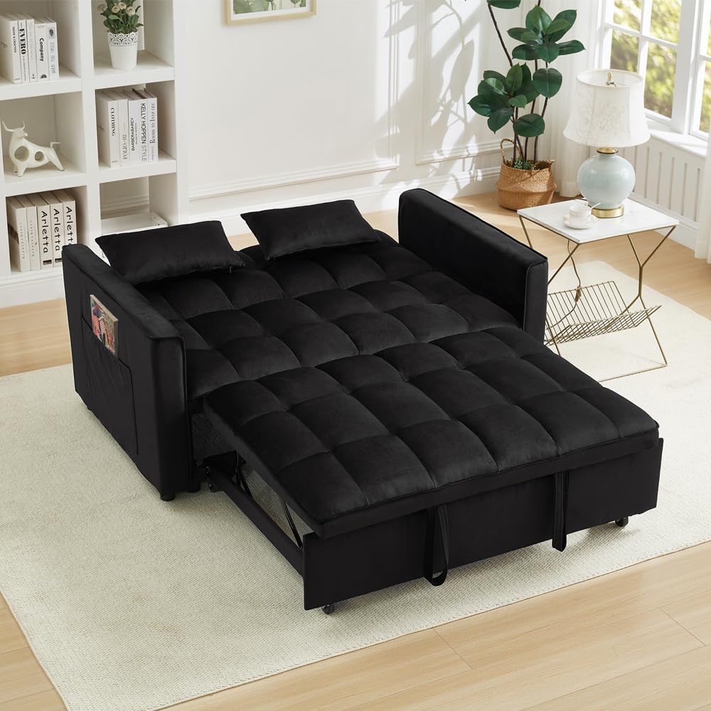 70' 3 in 1 Pull Out Couch, Loveseat Sleeper Sofa with Side Pockets, Convertible Velvet Fabric Sofa Bed for Living Room, Bedroom, Apartment, Easy Assembly, Black