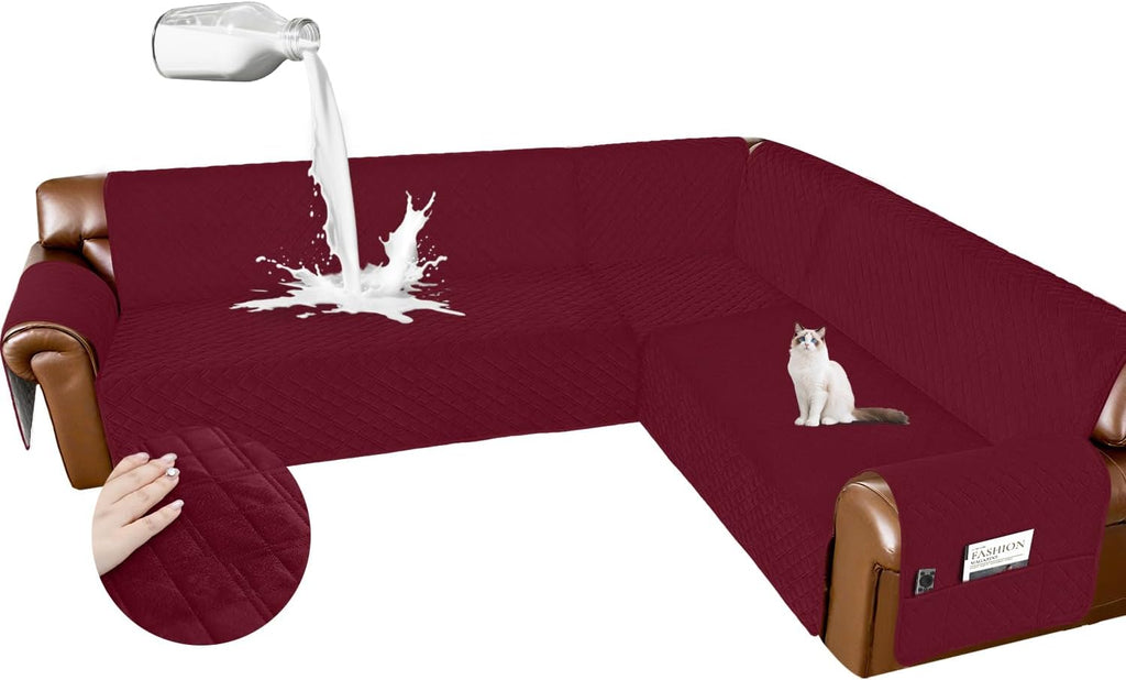 Arfntevss Waterproof Sectional Couch Covers L Shape Washable Velvet Sofa Cover for Sectional Non Slip Large Corner Slipcovers Dog 6 Pcs Universal U Shaped Furniture Protector (Burgundy, X-Large)
