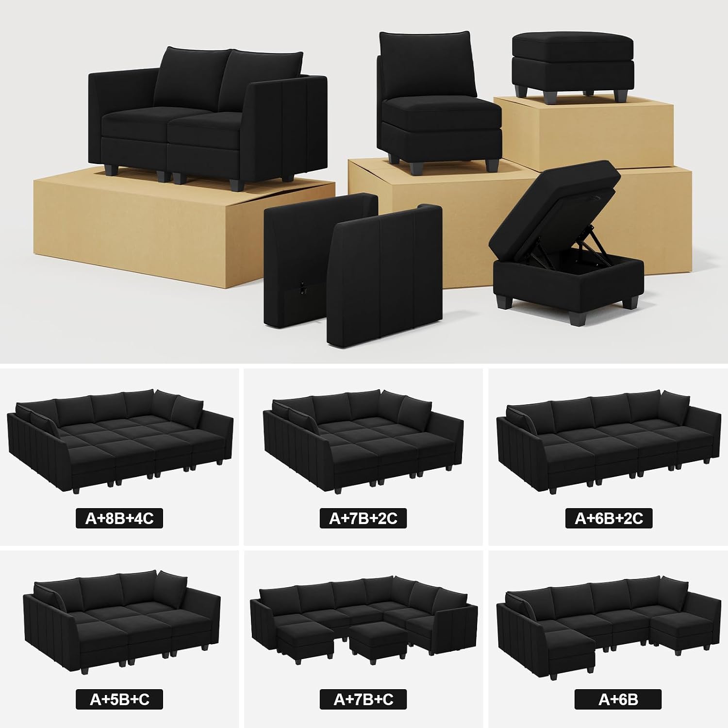 Belffin Modular Sectional Sofa Couch with Reversible Chaise Velvet L Shaped Storage 4-seat Convertible Black