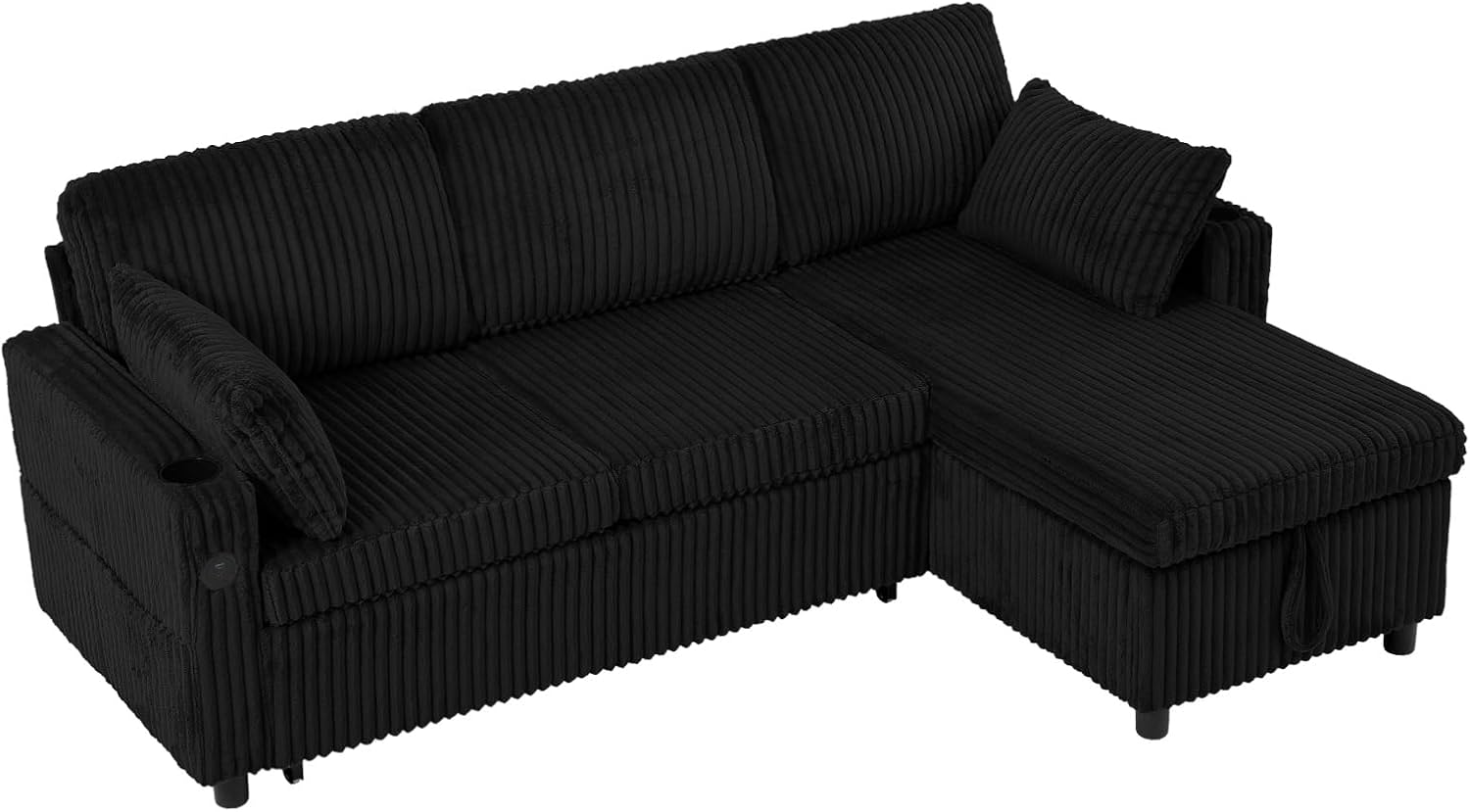 84' Corduroy Upholstered Sofa Bed w/Adjustable Backrests, Convertible Pull Out Sofa Bed w/USB Ports, L-Shape Sectional Sleeper Couch w/Cup Holder for Living Room,Apartment, Black