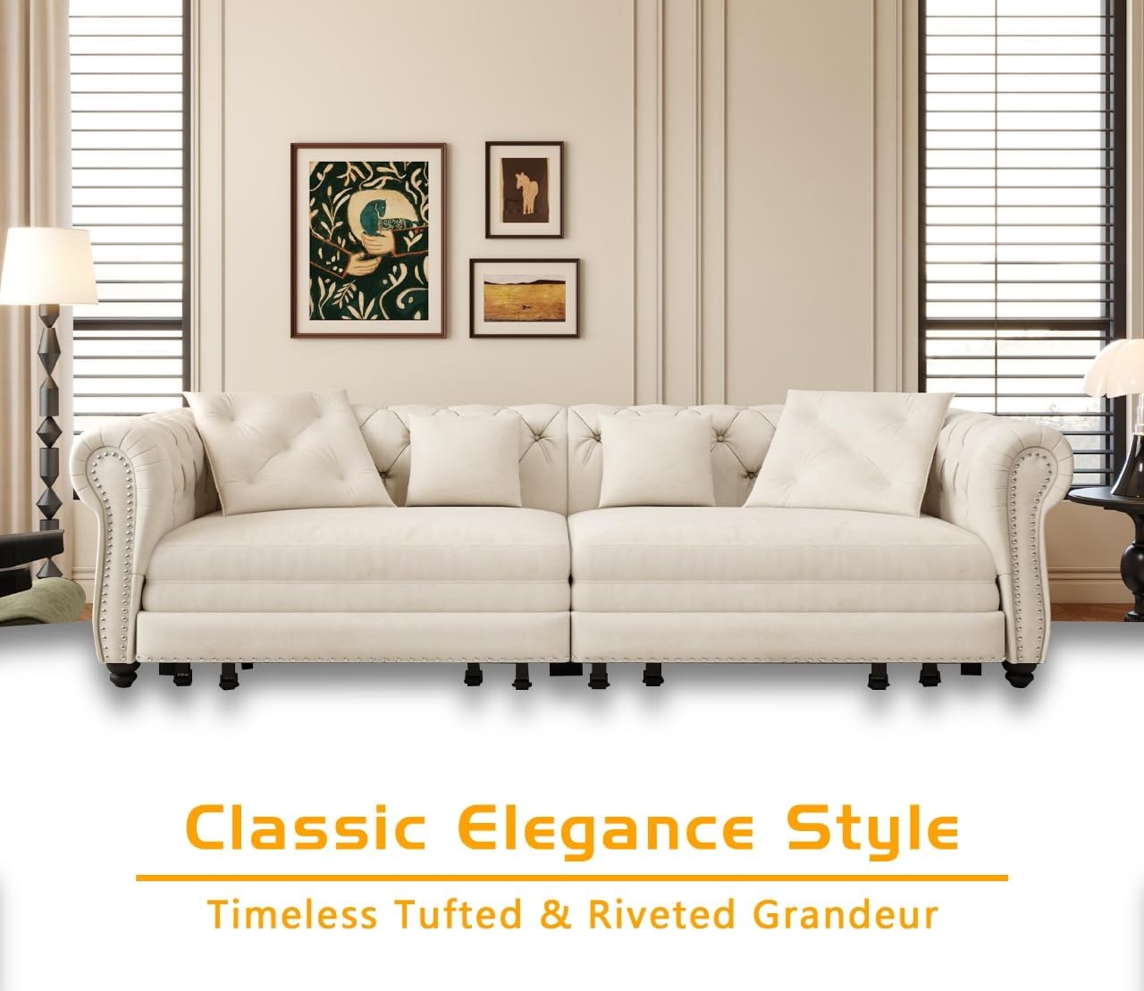89' King Pull Out Sofa Bed, Velvet Chesterfield Sleeper Sofa Couch, 3 in 1 Convertible Tufted Futon Couches with Ottoman for Living Room, Small Space, Apartment, Bedroom, Office, Beige