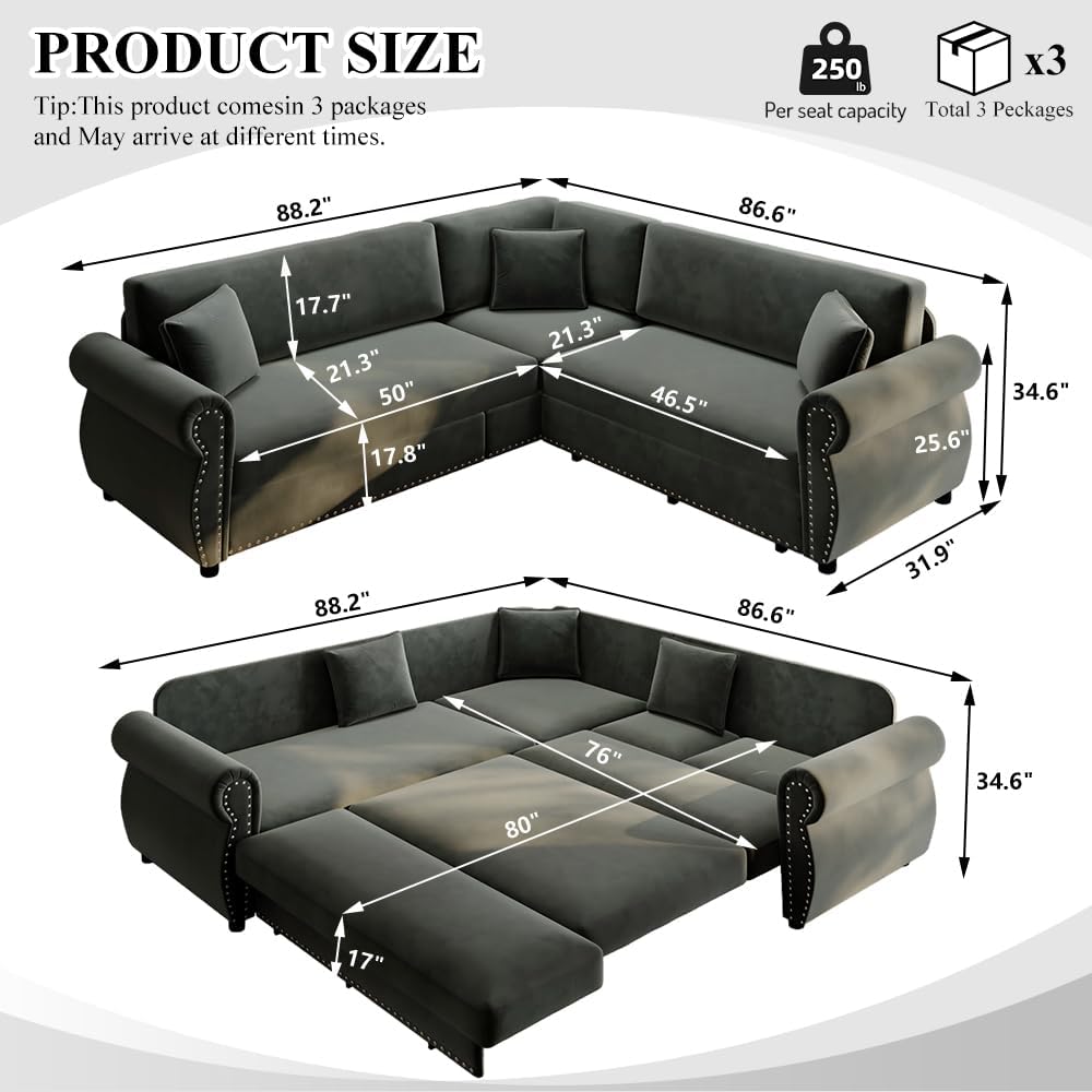 88.2'' Pull Out Couch Bed King, L Shaped Convertible Sleeper Sofa, 4-Seater Couches with Rivet Armrests, 3 Pillows, Chenille Upholstery, Futon Sofa Bed for Living Room, Apartment, Dark Grey