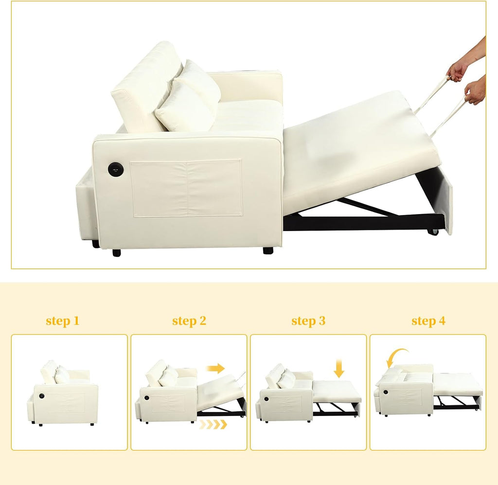 63.8' Queen Sleeper Sofa Bed,3-in-1 Convertible Sofa Bed with Phone Holder,USB Port,Velvet Pull Out Bed with Side Storage,Recliner Loveseat Sofa for Living Room,Small Space (Off-White)