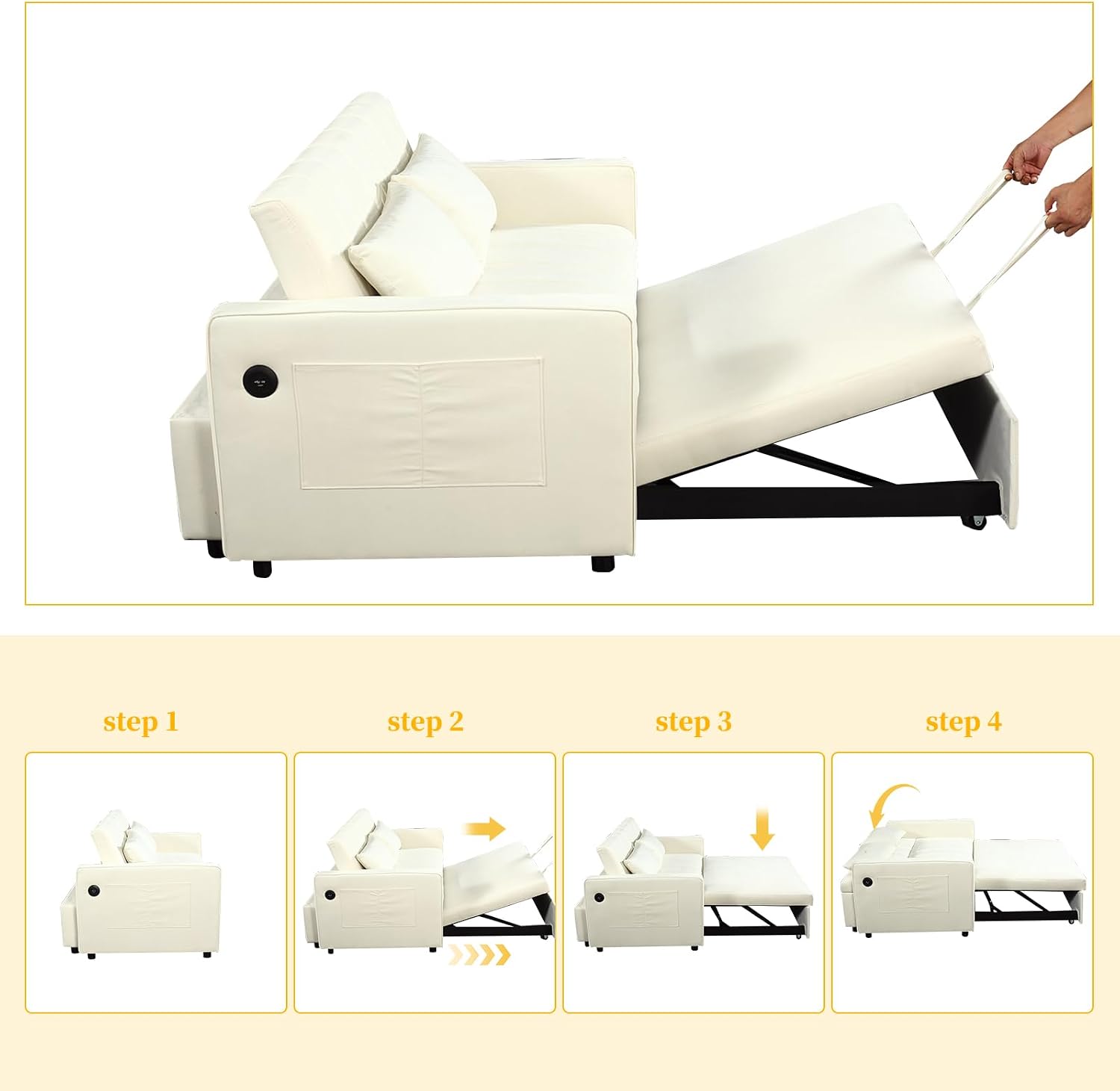 63.8' Queen Sleeper Sofa Bed,3-in-1 Convertible Sofa Bed with Phone Holder,USB Port,Velvet Pull Out Bed with Side Storage,Recliner Loveseat Sofa for Living Room,Small Space (Off-White)