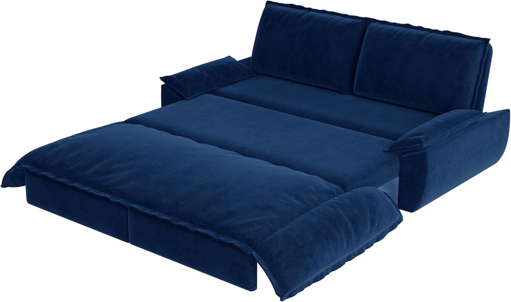 73.2' Sleeper Sofa Bed Queen Size, 3-in-1 Convertible Couch, Modern Pull Out Couches, Comfy Velvet Futon Sofa, Cloud Loveseat Lounge, Pillow Arm for Small Spaces, Living Room, Apartment, Blue