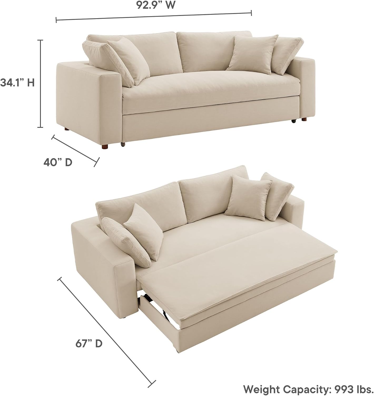 Modway Commix Down Filled Fabric Sleeper Sofa in Light Beige