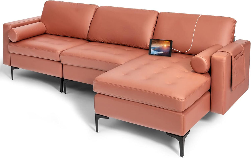 Giantex 97' Large Couch, 3 Seat Sectional Sofa Set, L-Shaped Modular Sleeper with Convertible Chaise Lounge, USB Ports, 3-Hole Socket, Storage Box, 2 Bolsters, Family Apartment Living Room