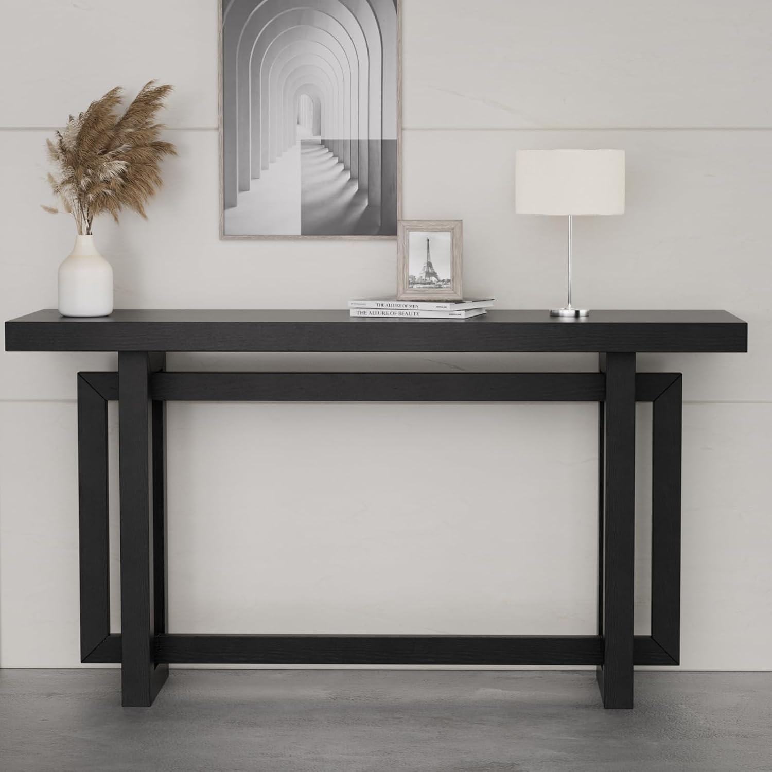 LKTART 59.05-Inch Long Behind Couch Sofa Table for Living Room, Farmhouse Console Table with Storage, Narrow Accent Entryway Tables for Hallway Entrance Foyer (Black)
