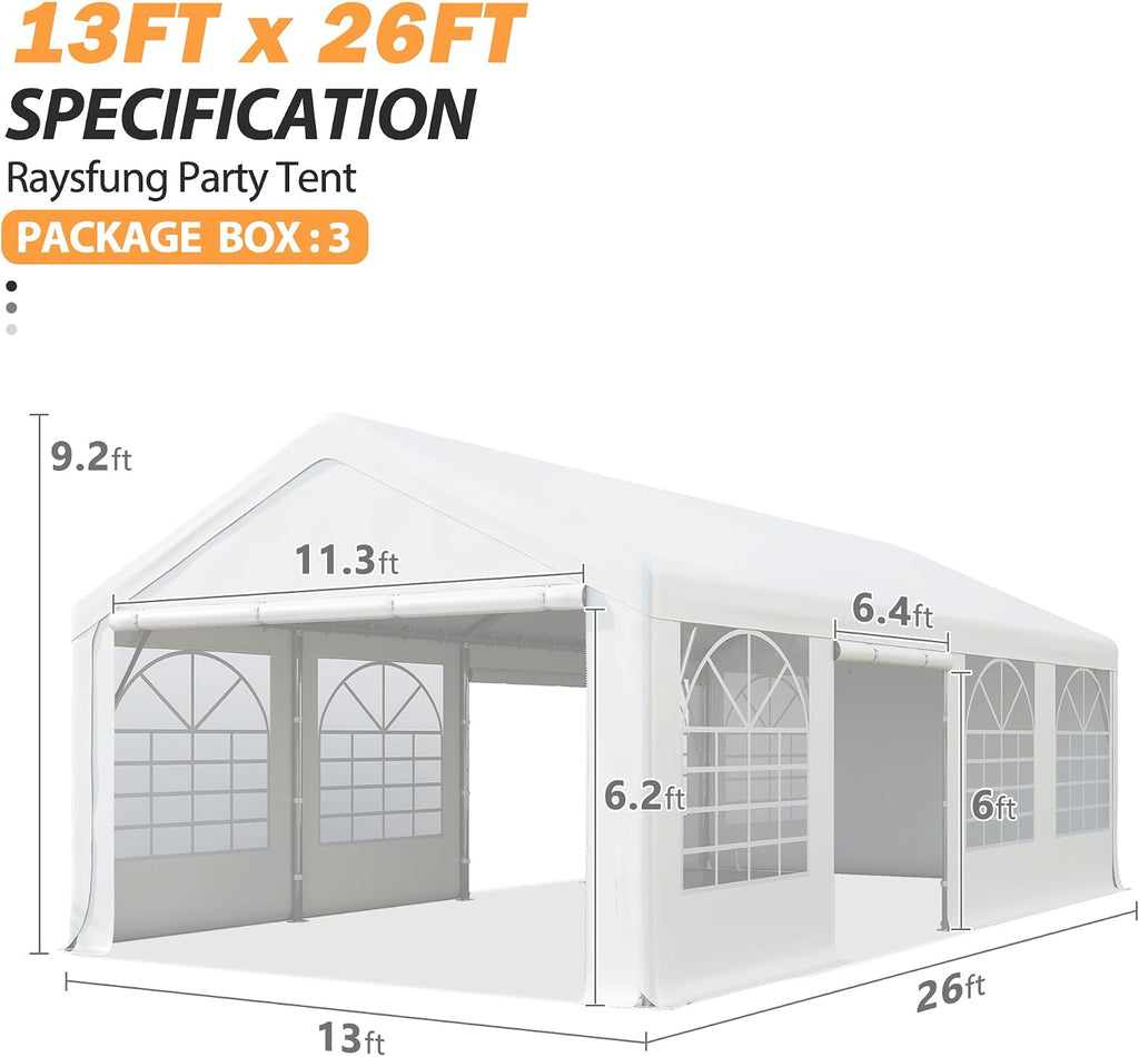 13' x 26' Party Tent Heavy Duty, Outdoor Wedding Tent with Removable Sidewalls&Sand Bags, Gazebo Canopy Shelter for Birthday Party