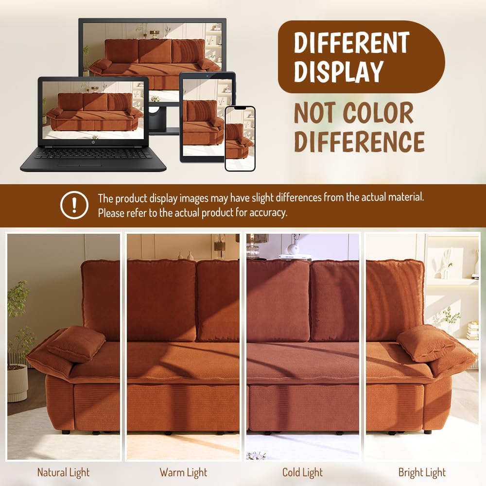 94.5' Pull Out Couch King Size, Futon Sofa Bed, 3-in-1 Convertible Sleeper Sofa Bed with Cushion Armrest, Modern Corduroy Loveseat Couches for Living Room, Small Space, Apartment, Orange