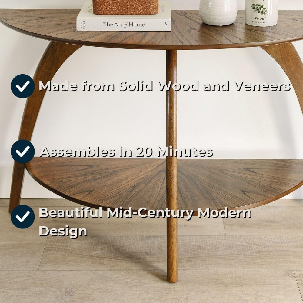 Martin Svensson Home LAX Retro Mid-Century Modern Half-Moon Wood Sofa Table with Lower Shelf, Console Table for Living Room or Entryway. Nutmeg Brown.