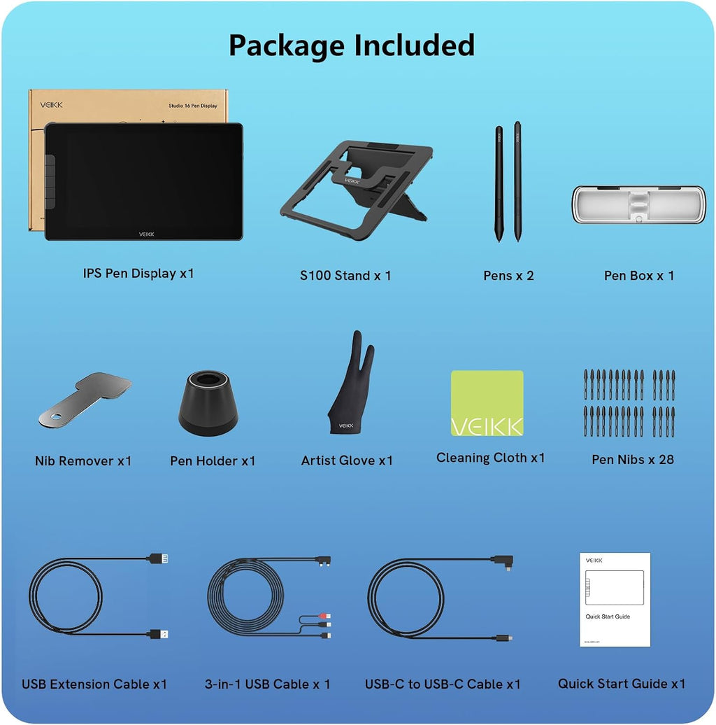 VEIKK Drawing Tablet with Screen 15.6 inch Studio 16 Graphics Tablet with Full-Laminated AG Glass Screen,16K Levels Battery-Free Pen,Digital Drawing Pad for Computer (125% sRGB)