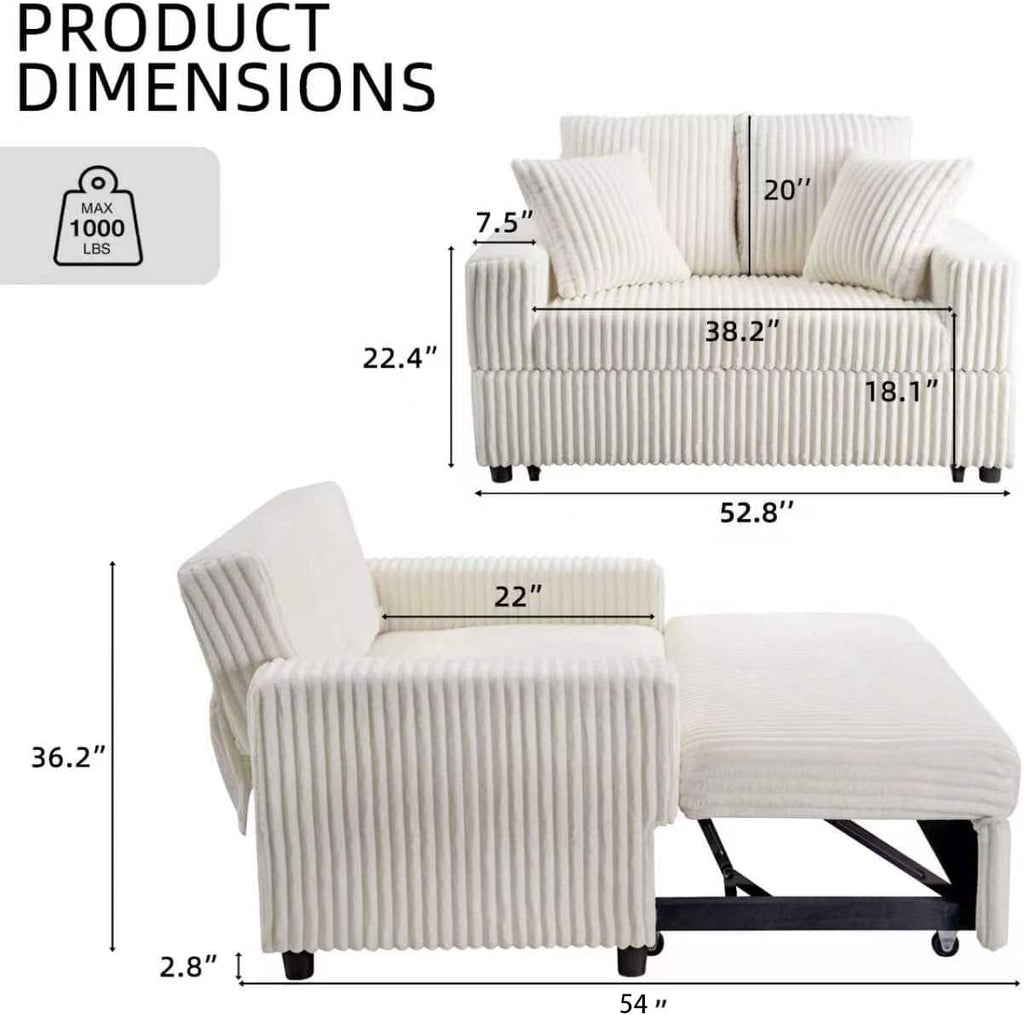 3 in 1 Convertible Sofa Bed，52.8' Pull Out Couch with Side Pockets，Modern Corduroy Fabric Loveseat Sleeper Sofa with Adjustable Backrest for Living Room Bedroom Apartment (Beige Corduroy)
