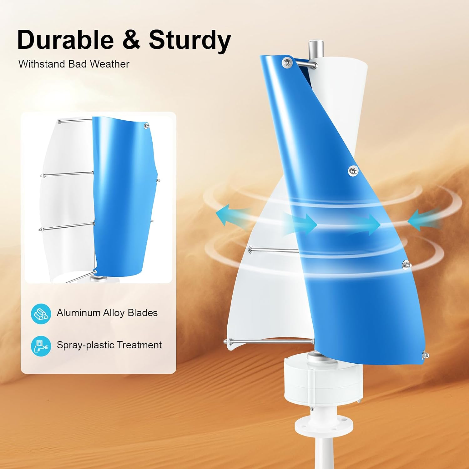 500W Wind Turbine, 12V Vertical Axis Wind Driven Generator with 2 Blades and Permanent Magnet Generator for Boats, Terrace, Marine, Motor Home, Chalet (100W, Blue+White)