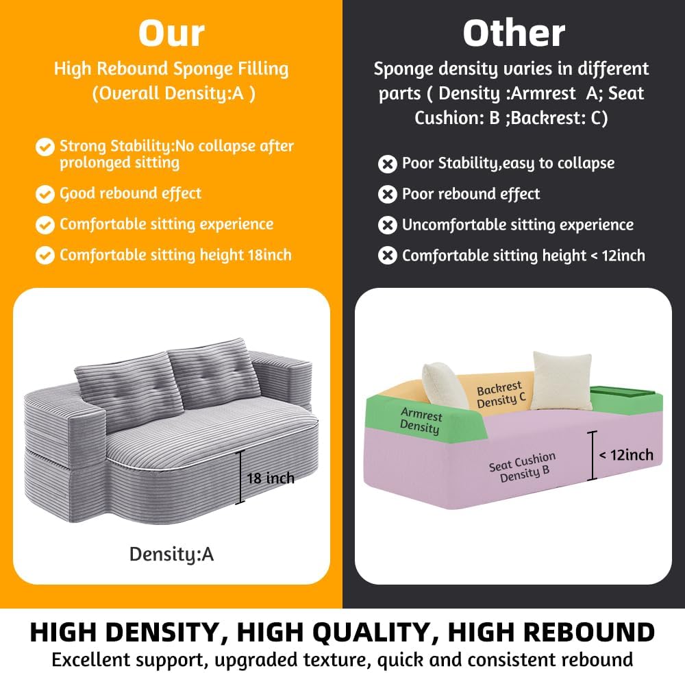78.7' Convertible Folding Sofa Bed, Queen Sleeper Sofa with Multi Functional Blanket, Corduroy Fabric Floor & Futon Loveseat Couch, Foam Folding Mattress Sleeper for Living Room, Apartment, Light Grey