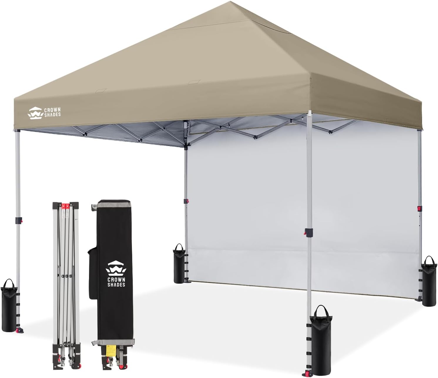 CROWN SHADES Pop Up Canopy with 1 Side Wall - Beach Tent with One Push Setup - Outdoor Sun Shade for Events, Parties, Camping - Gazebo with STO-N-Go Cover Bag, Beige, 8x8FT