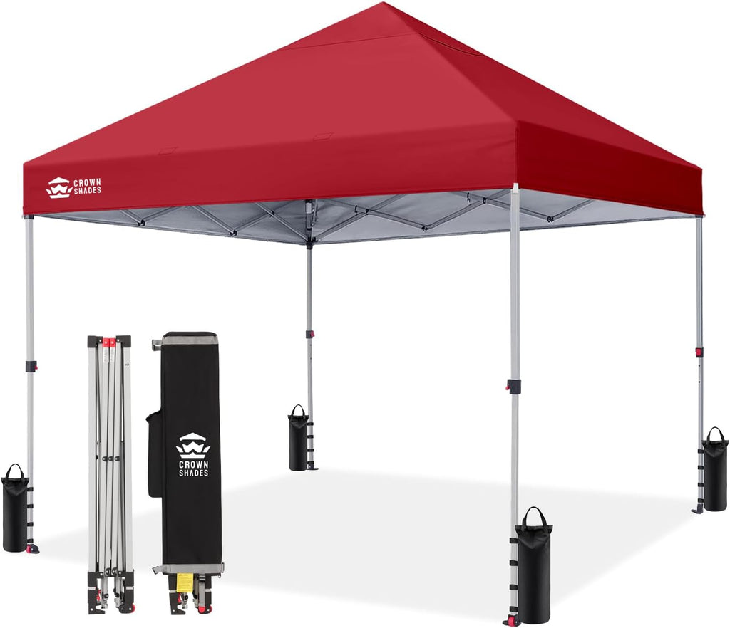 CROWN SHADES 8x8 Pop Up Canopy - Beach Tent with One Push Setup - Easy Outdoor Sun Shade for Events, Parties, Camping - Gazebo with STO-N-Go Cover Bag, Silver Coated Top, Red