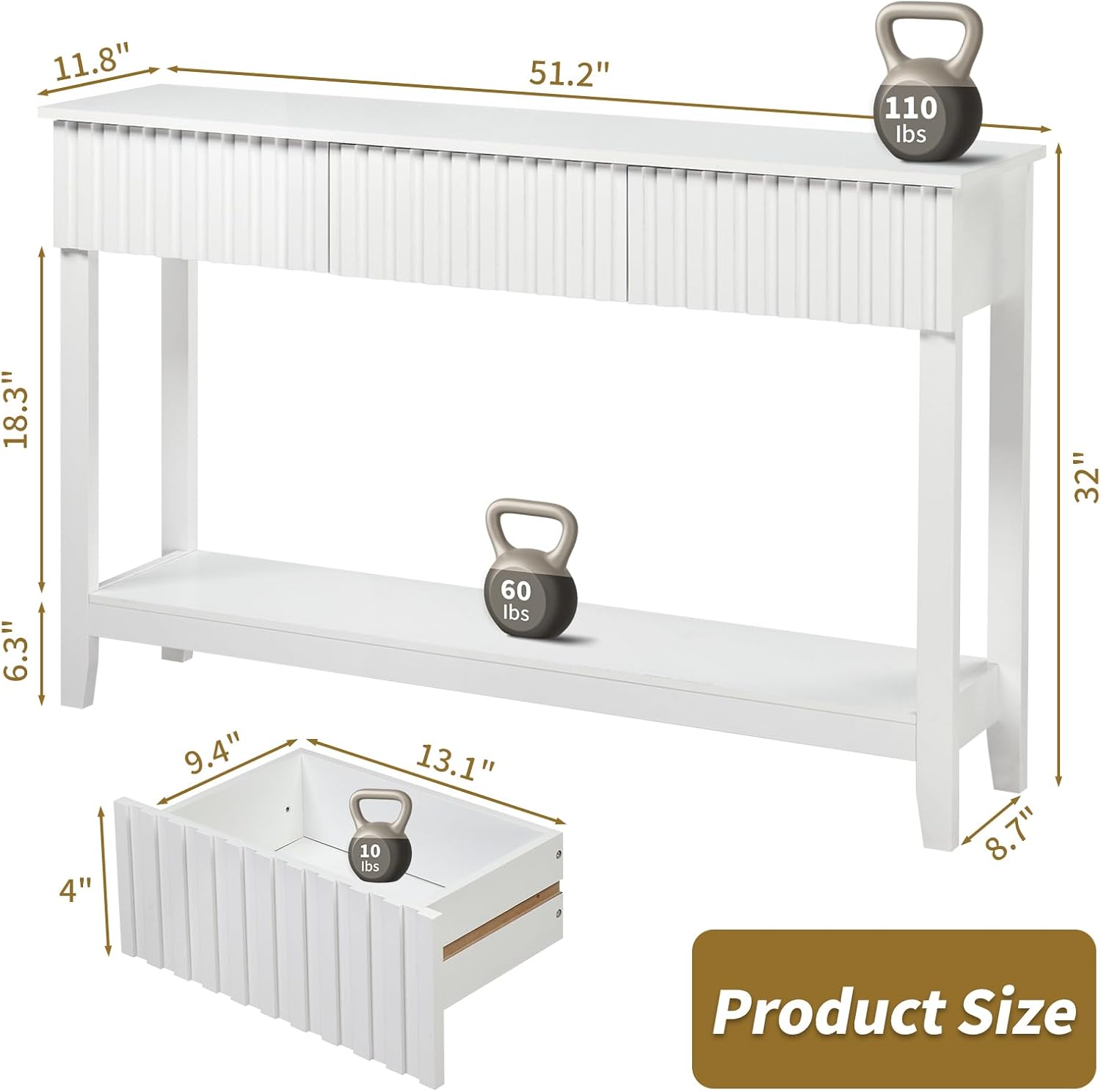 Karl home 51' White Console Table with 3 Fluted Drawers, Modern Sofa Table with Open Storage Shelf for Living Room, Foyer Hallway