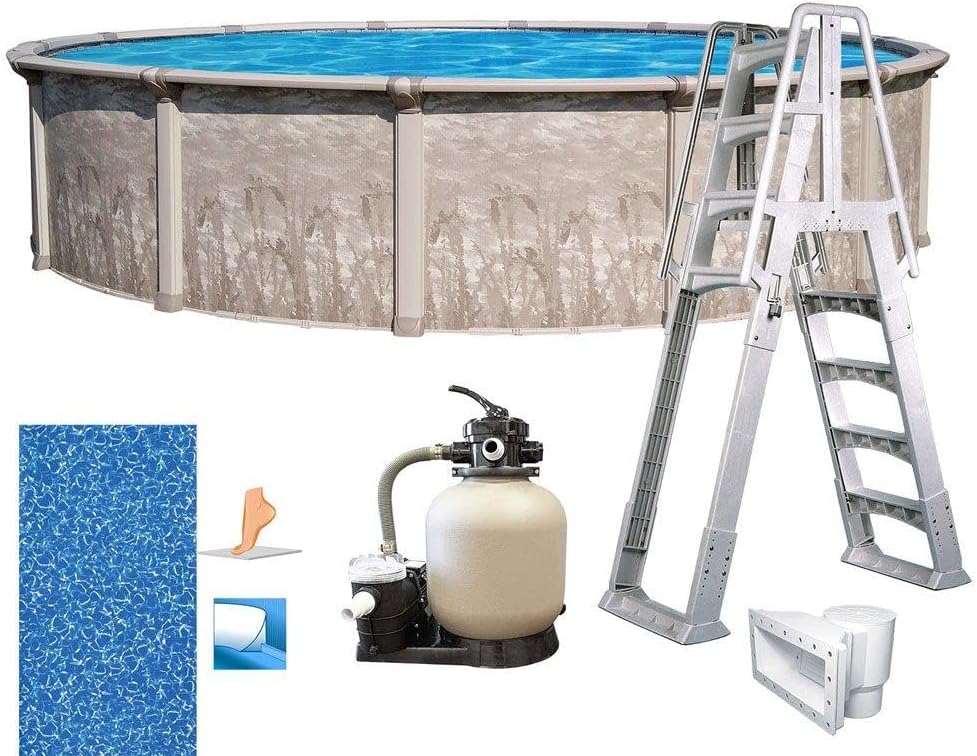 In The Swim 15' Round Above Ground Swimming Pool - Marina Package - Featuring: Sand Filter, Pump System and A-Frame Ladder