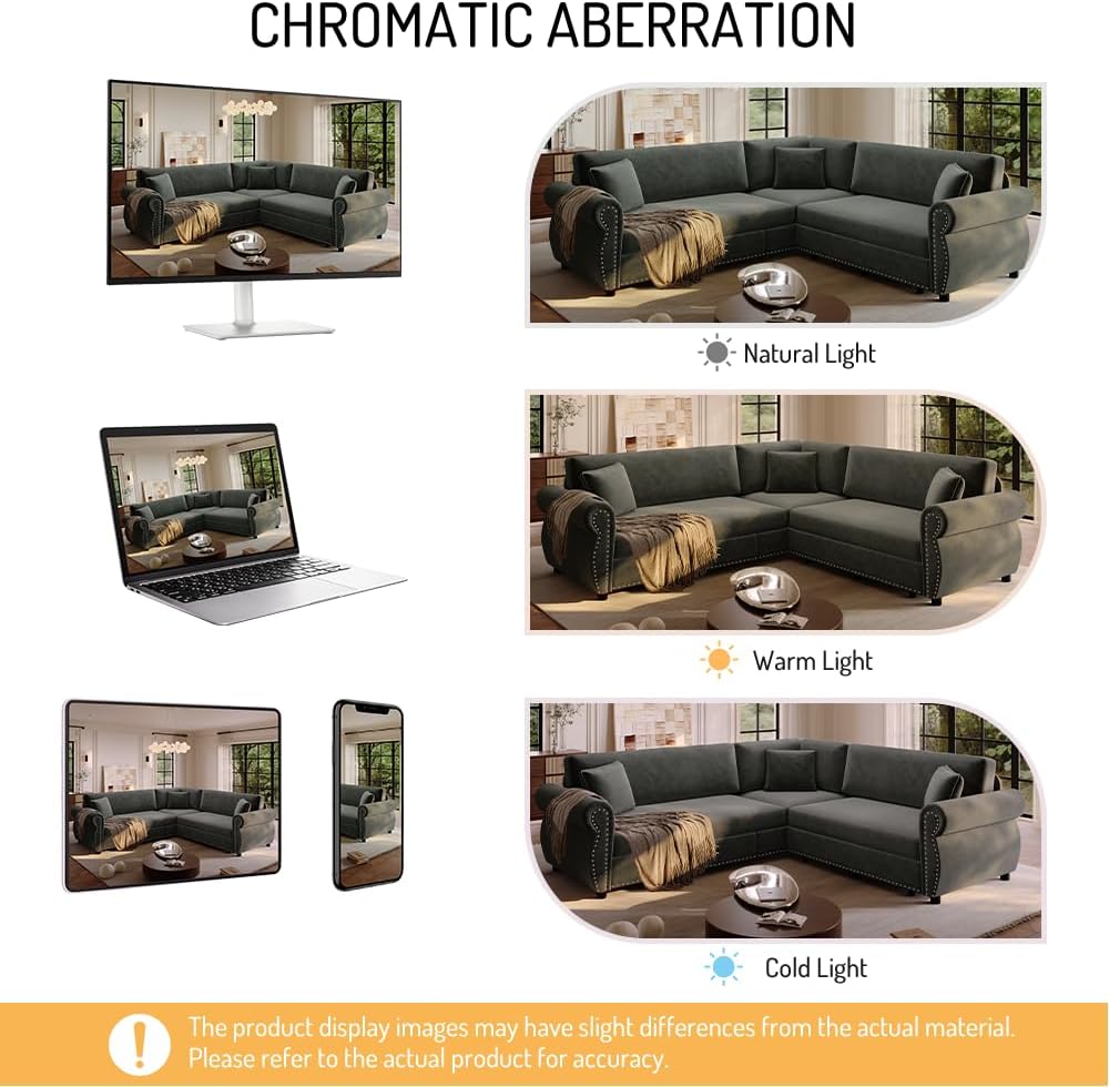 88.2' Pull Out Couch Bed King, L Shaped Convertible Sleeper Sofa, 4-Seater Couches with Rivet Armrests, 3 Pillows, Chenille Upholstery, Futon Sofa Bed for Living Room, Apartment, Office, Green