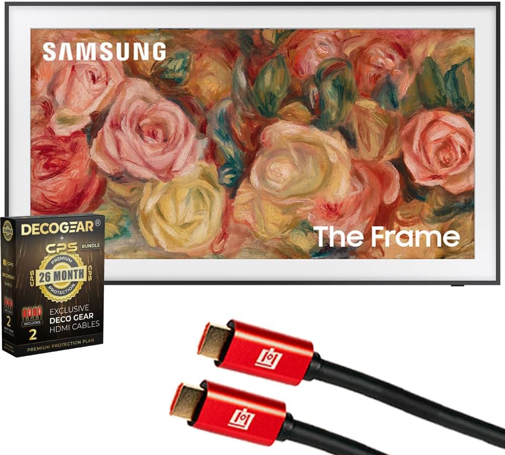 Samsung (Refurbished QN65LS03DAFXZA 65 inch The Frame QLED 4K Smart TV 2024 Bundle with Deco Gear 4K HDMI 2.0 Cable x2 & CPS Exclusive 26 Month Protection Pack Bundle (BEACH-CPS-262000) (Renewed)