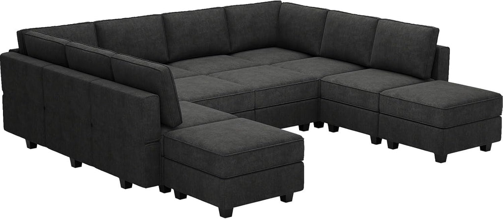 Belffin Terry Fabric Oversized U Shaped Sectional Sofa with Chaise Modular Sectional Sofa Couch for Living Room Convertible Sleeper Bed. Black Couch