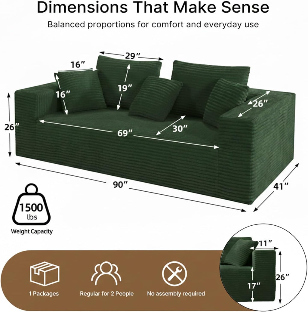 3-Seater Deep-Seat Corduroy Lounge Sleeper Sofa, No Assembly Frameless Foam Cloud Couch, Comfy Plush for Living Room Bedroom Apartment Dorm Office（Green）