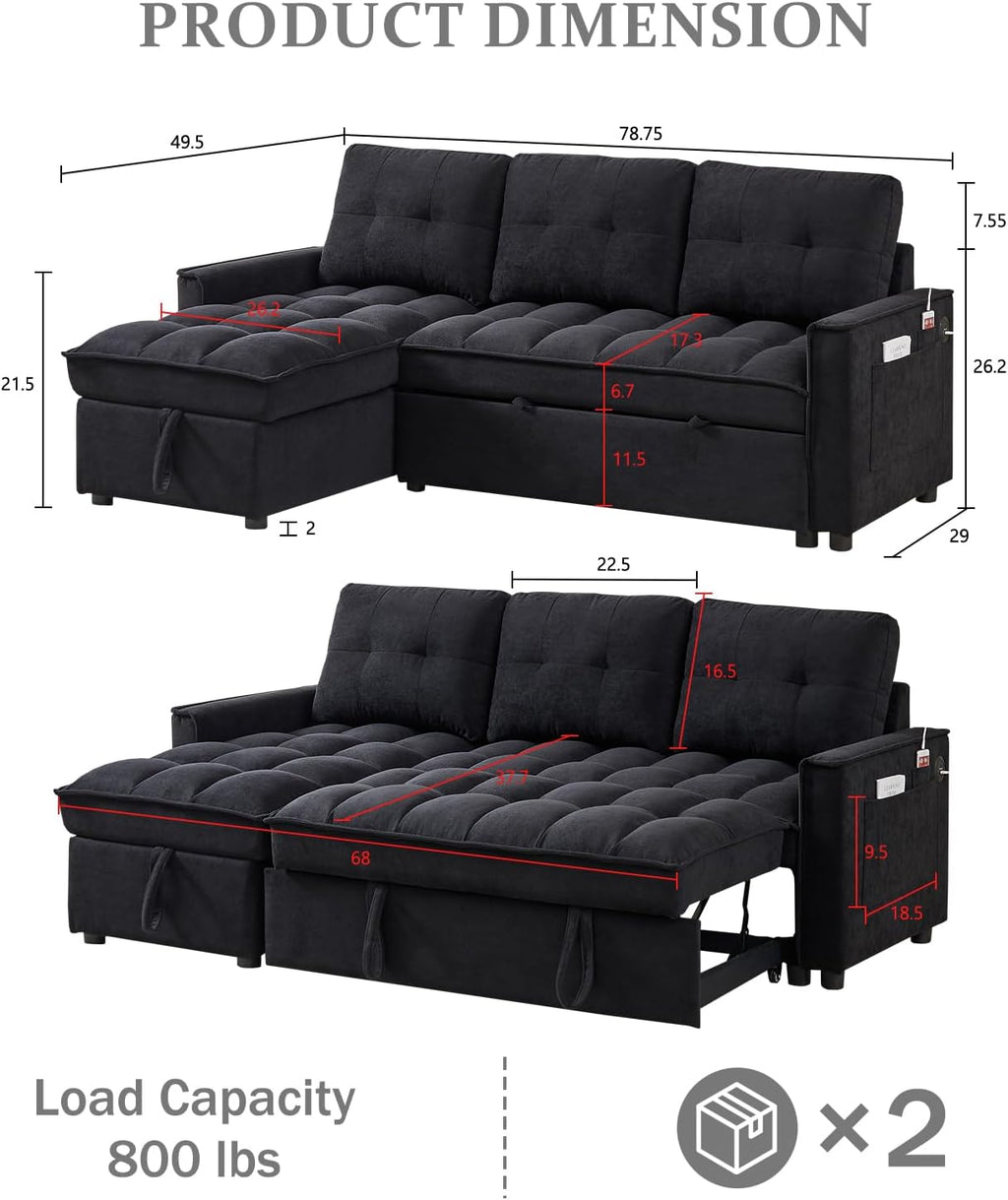 78.75' Sleeper Sofa Couch,Modern L-Shaped Couches, Pull Out Couch with USB Ports&Side Pocket,Sleeper Sectional Sofa for Living Room Apartment,Chenille,Black