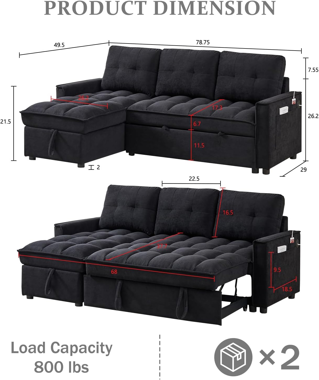 78.75' Sleeper Sofa Couch,Modern L-Shaped Couches, Pull Out Couch with USB Ports&Side Pocket,Sleeper Sectional Sofa for Living Room Apartment,Chenille,Black