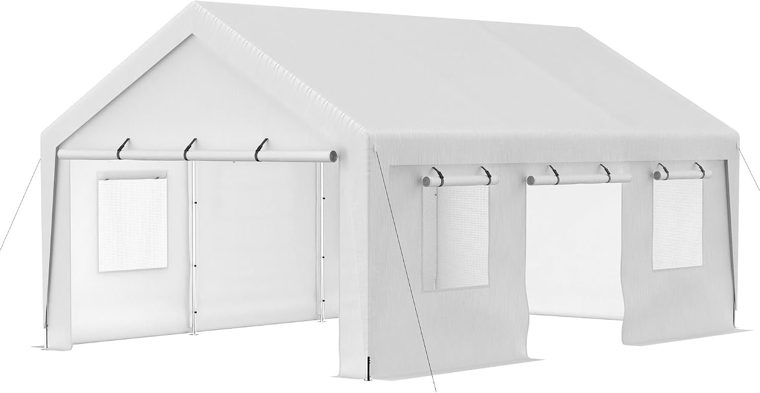 Aprilsoul Outdoor 13x20 FT Carport, Duty Canopy Storage Shed with Mesh Windows and Galvanized Steel Tube, All-Season Tarp, Wide Range of Appliaction for Car, Boat and Reunion, White