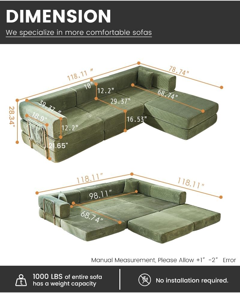 GEARIVY Folding Sofa Bed Convertable Corduroy Couch King Size Floor Sleeper 4-in-1 DIY Combination Modular Sofa Fold Out Futon Lounge Comfy Foldable Lazy cama for Living Room
