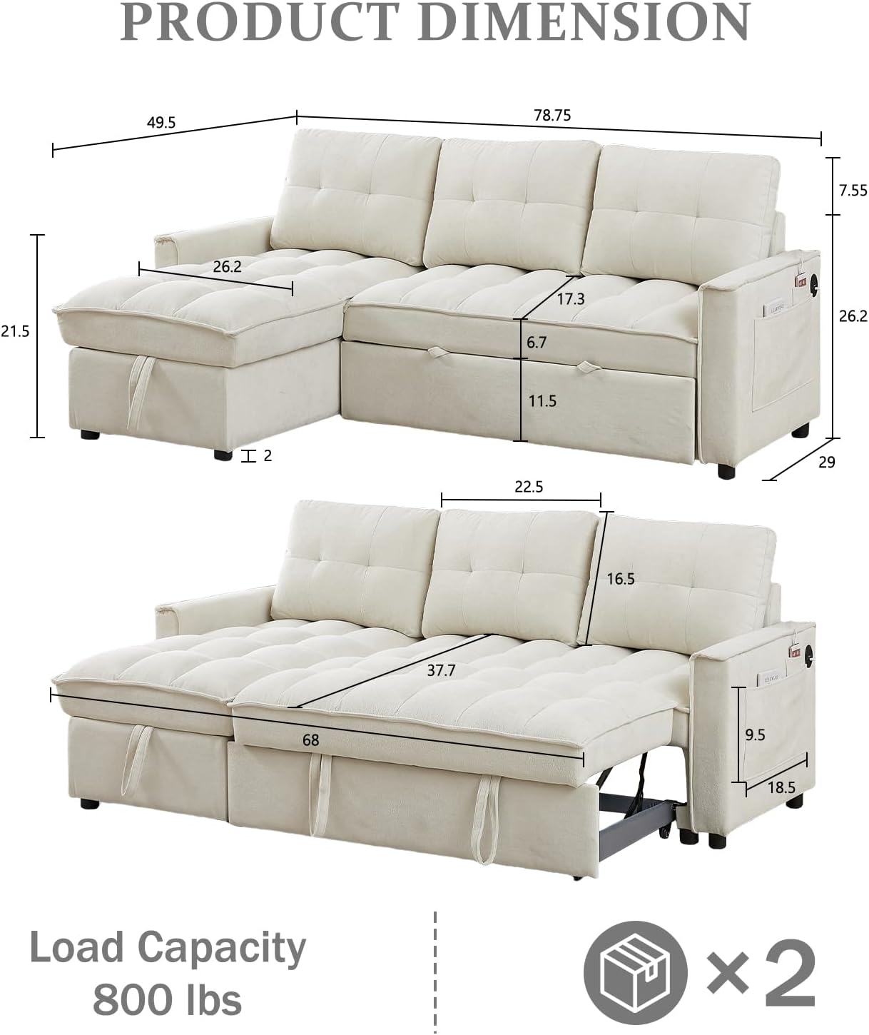 78.75' Sleeper Sofa Couch,Modern L-Shaped Couches, Pull Out Couch with USB Ports&Side Pocket,Sleeper Sectional Sofa for Living Room Apartment,Chenille(Beige)