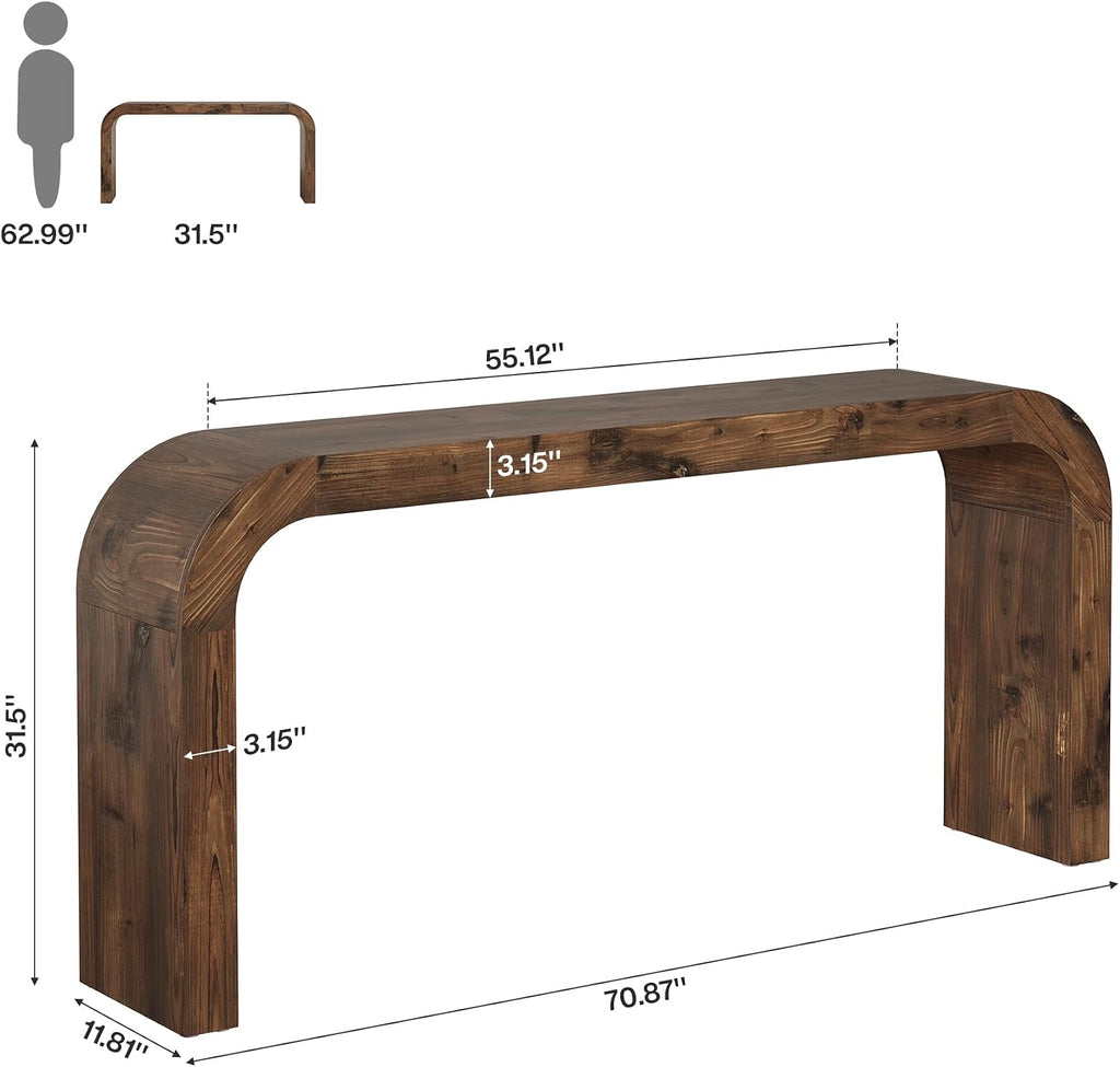 Solid Wood Console Table, 70.87-Inch Farmhouse Sofa Table with Waterfall Curved Corners for Hallway, Living Room, Behind Couch, Entrance (Dark Brown)