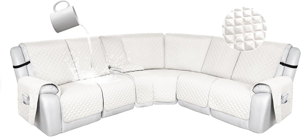 HDCAXKJ 100% Waterproof Reclining Sectional Couch Covers L Shape Recliner Sofa Cover Washable Quilted Soft Pet Dog Corner Recliner Slipcovers with Pockets (5 Seat and 1 Middle Console, Ivory White)