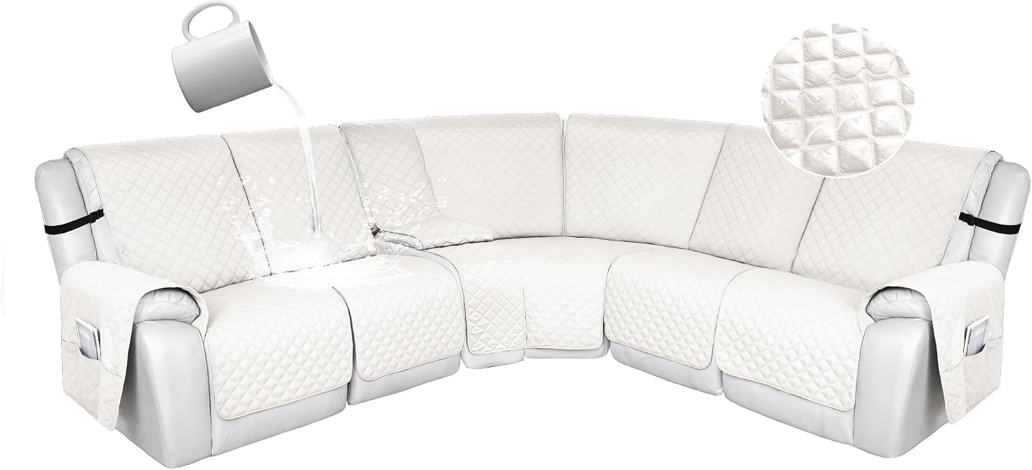 HDCAXKJ 100% Waterproof Reclining Sectional Couch Covers L Shape Recliner Sofa Cover Washable Quilted Soft Pet Dog Corner Recliner Slipcovers with Pockets (5 Seat and 1 Middle Console, Ivory White)