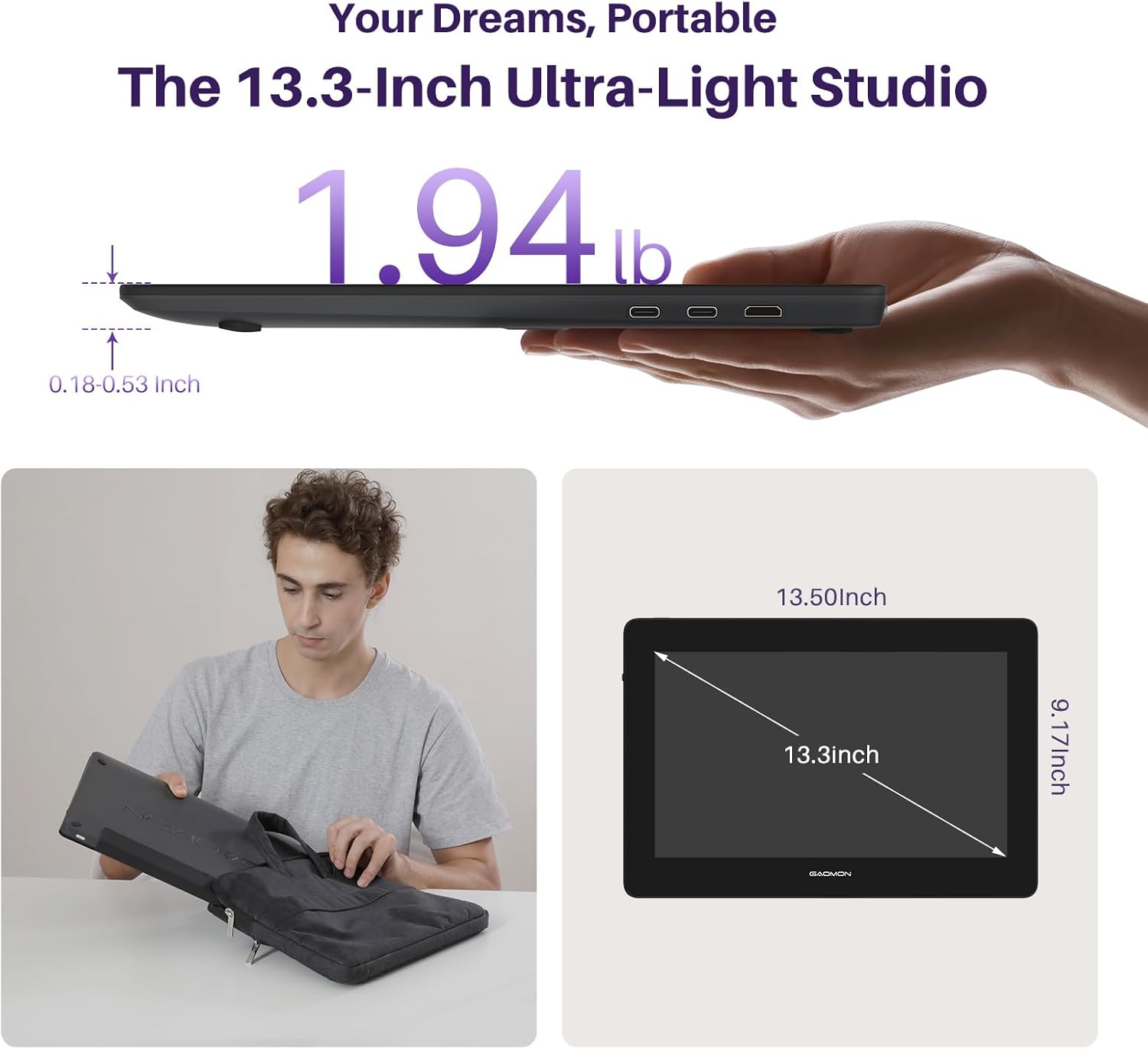 GAOMON PD1320 Pen Display Drawing Tablet, 13.3 Inch Full Laminated 120% sRGB Graphics Monitor with Tilt Support for Artists, Design, Animation - Compatible with Windows/Mac/Android