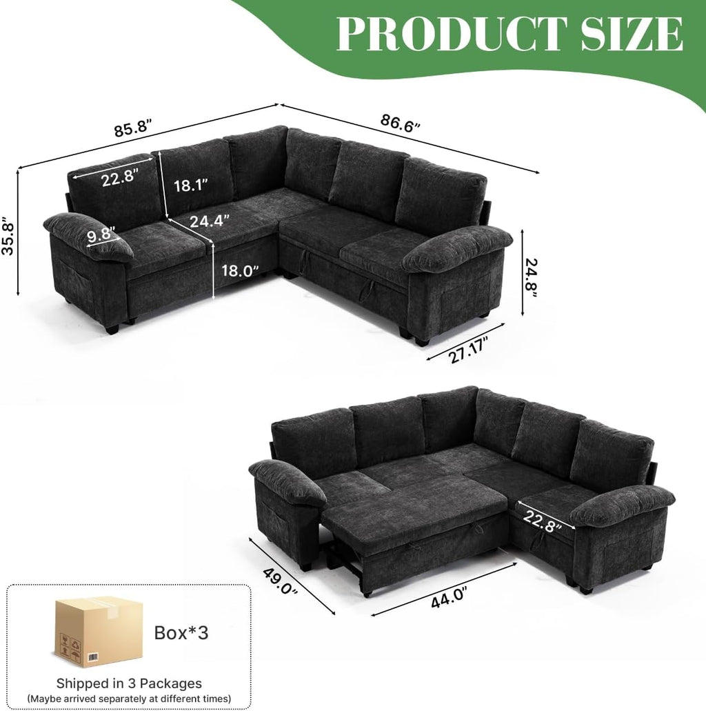 Modular Sectional Sofa with Pull Out Bed Sleeper Sofa L Shaped with Storage, Sectional Couch for Living Room Convertible Sofa Bed with Removable Sofa Cover(5 Seats Black)