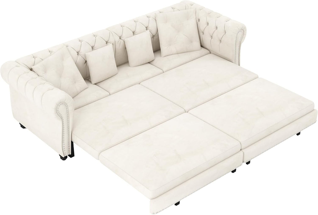89'' Pull Out Sofa Bed King, Chesterfield Velvet Sleeper Sofa, Convertible L-Shaped Futon Couch, Tufted Back, 4 Pillows, Ottoman, Deep Seat Loveseat Couches for Living Room, Apartment, Beige