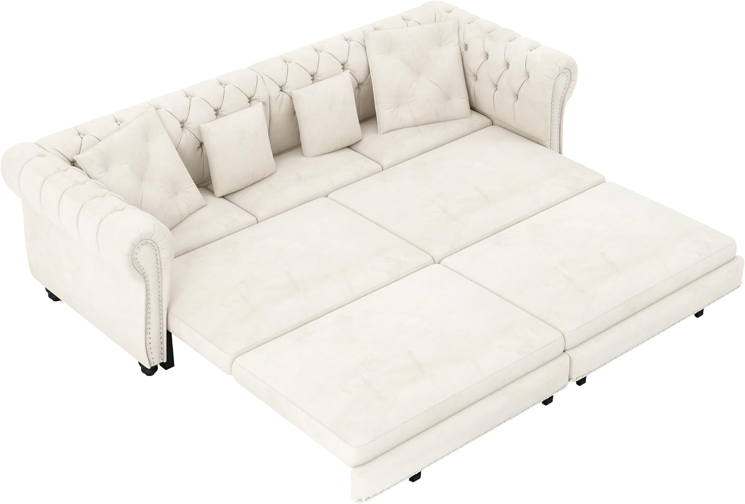 89'' Pull Out Sofa Bed King, Chesterfield Velvet Sleeper Sofa, Convertible L-Shaped Futon Couch, Tufted Back, 4 Pillows, Ottoman, Deep Seat Loveseat Couches for Living Room, Apartment, Beige