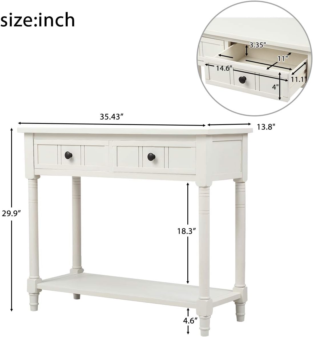 Knocbel 35.5 Inch Antique Entry Console Table with Drawers & Bottom Open Shelf, Solid Wood Sofa Couch Table for Entryway Hallway Living Room (Ivory White)