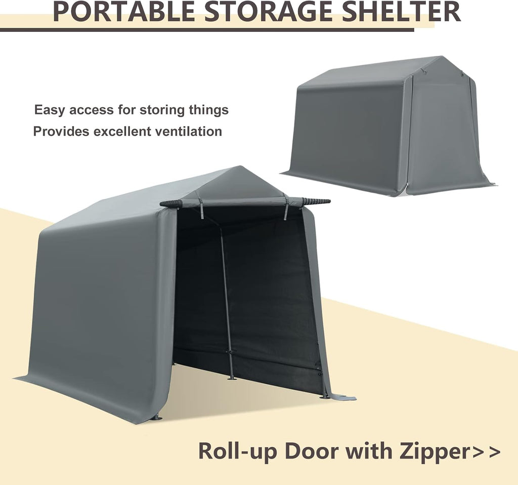 Gardesol Portable Storage Shelter, 7x12 ft Storage Shed Heavy Duty Outdoor Carport with Roll-up Zipper Door, Waterproof and UV Resistant Outdoor Garage for Motorcycle, ATV, Bike or Garden Tools, Gray