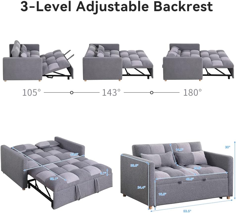 Loveseat Sleeper Sofa- 3 in 1 Convertible Sofa Bed,Pull Out Couch with Adjustable Backrest,Multi-Functional Lounge Chair with Teddy Fabric for Living Room,Small Space (Grey)