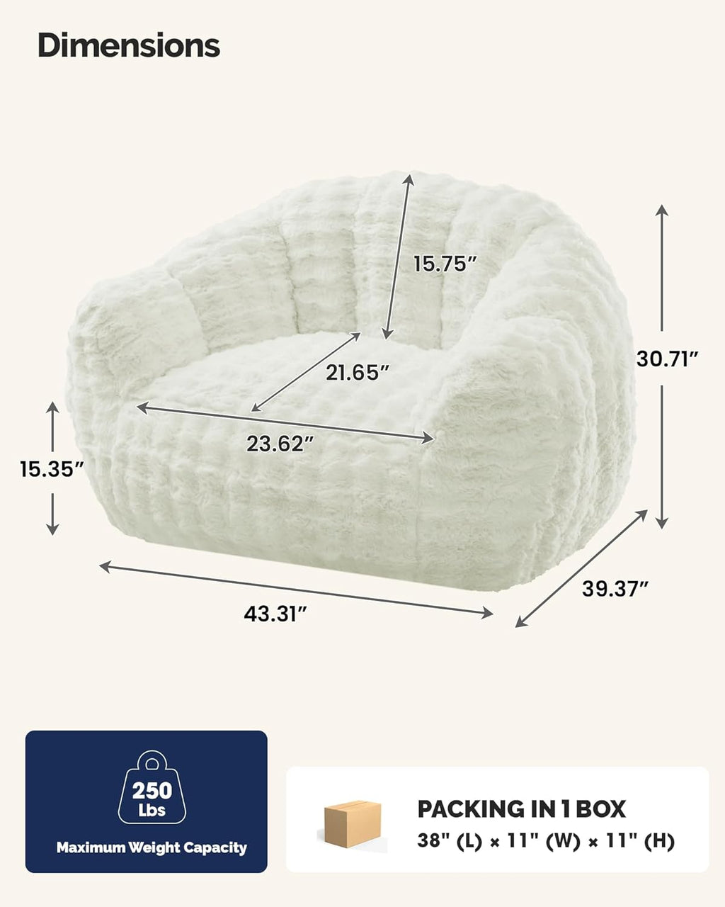 KINGYES Giant Bean Bag Chair, Fluffy Bean Bag Chair with Armrest, Memory Foam Beanbag for Adults, Beige(Pillow not Included)