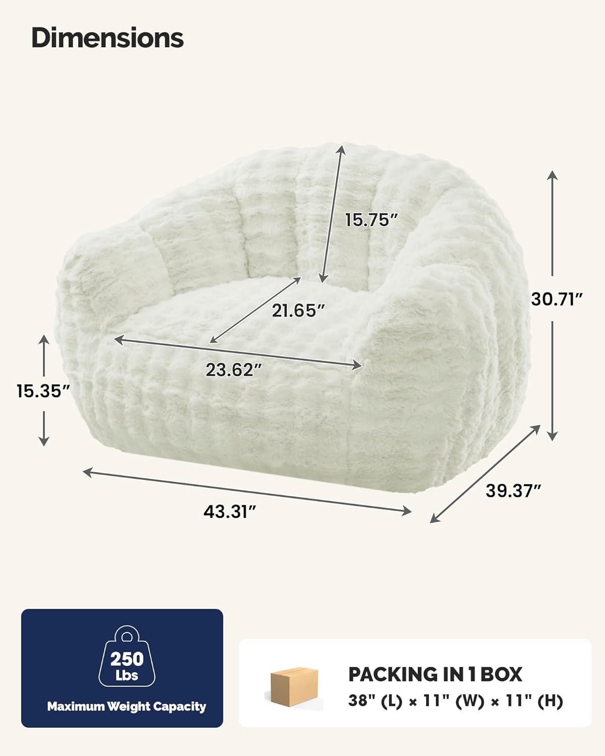 KINGYES Giant Bean Bag Chair, Fluffy Bean Bag Chair with Armrest, Memory Foam Beanbag for Adults, Beige(Pillow not Included)