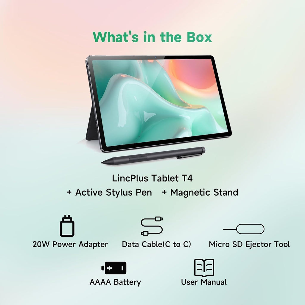 LincPlus T4 Tablet with USI 2.0 Stylus Pen & Magnetic Holder, Android Tablet 11 inch 2K IPS Display, MediaTek Helio G99, 12GB RAM 128GB ROM, 8100mAh Battery, Dual Camera, Quad Box Speakers