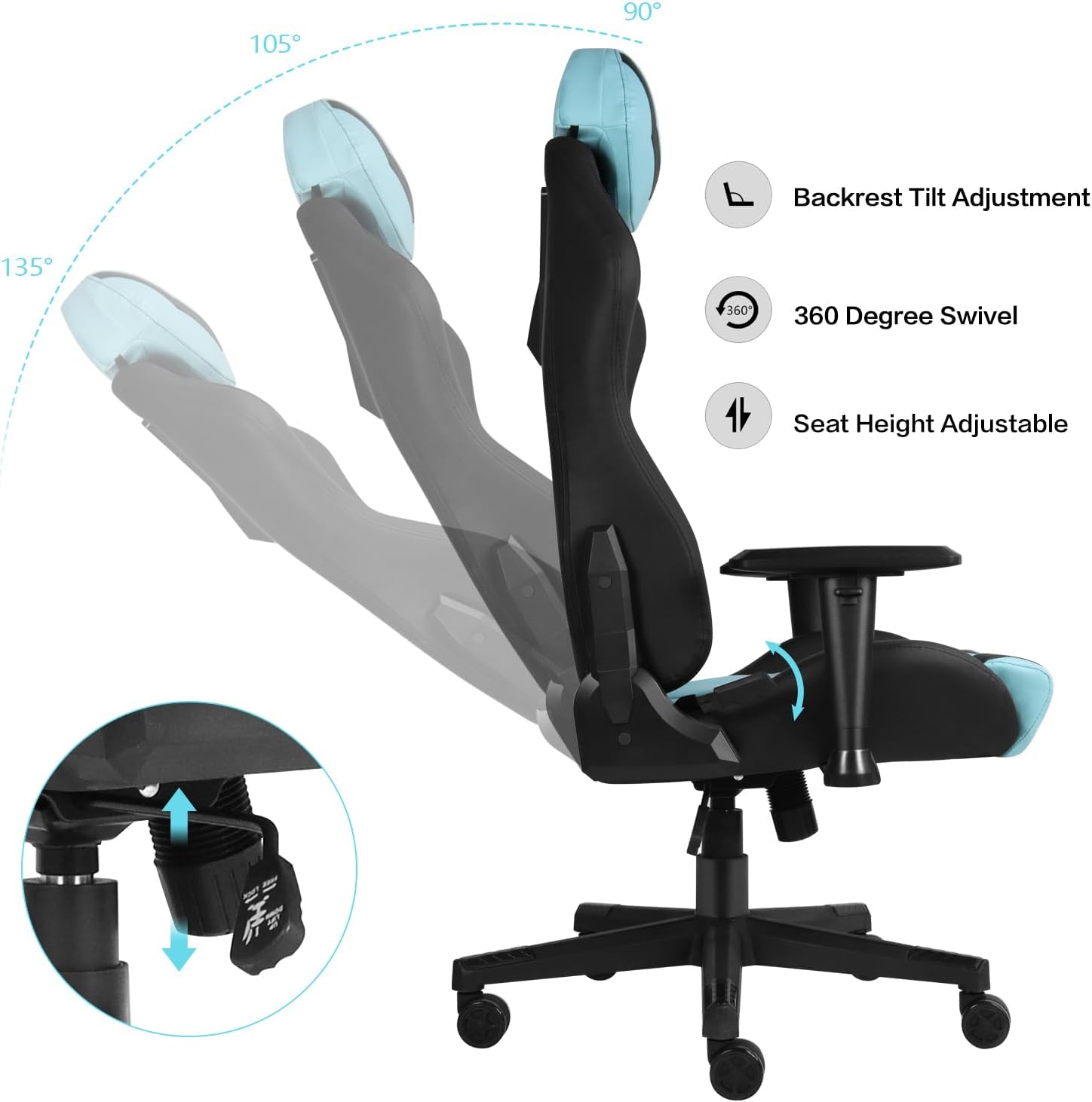 Modern-Depo Ergonomic Gaming Chairs for Adults with High-Density Memory Foam | Swivel Comfortable Office Chair, Big and Tall Video Game Chair, High Back Computer Chair for Home, Office, Cyan Black